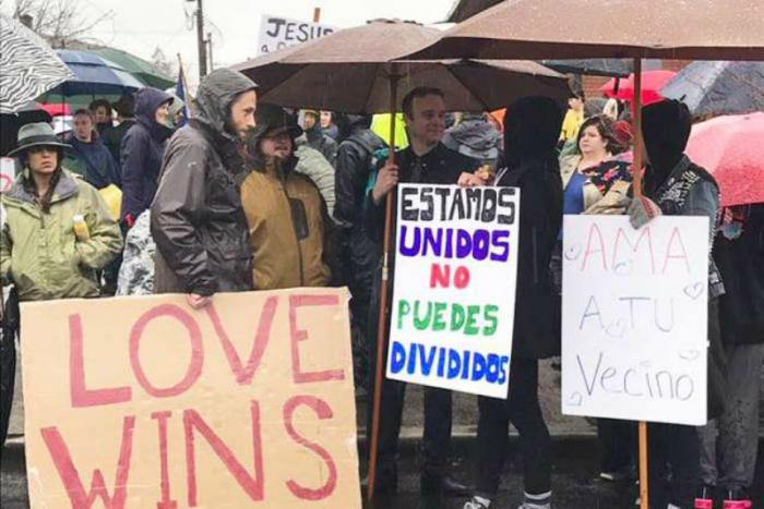 Human shields outside of St. Peter's Catholic Church, Portland, Oregon.