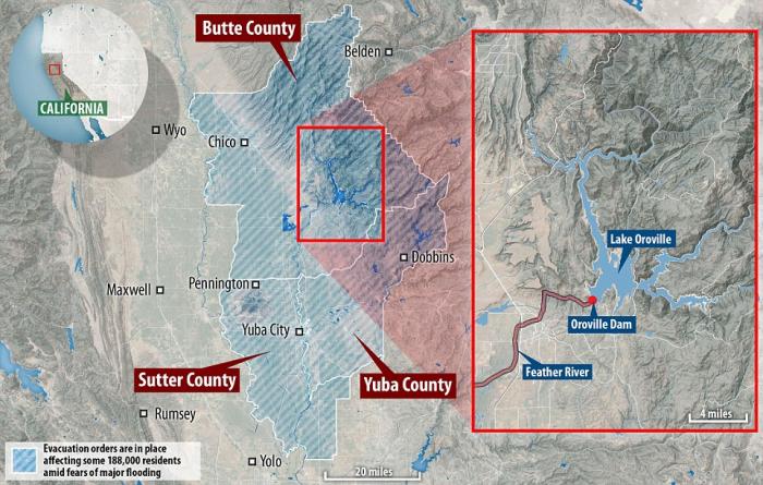 Should the dam fail, a wide area of northern California would be impacted. Several towns remain under evacuation orders. 