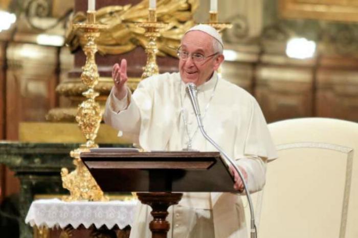 Pope Francis speaks to young people at the Basilica of Saint Mary Major in Rome.