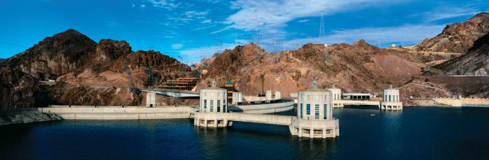 Hoover Dam's intake towers are mostly submerged (as they are designed to be) when lake Mede is full. 